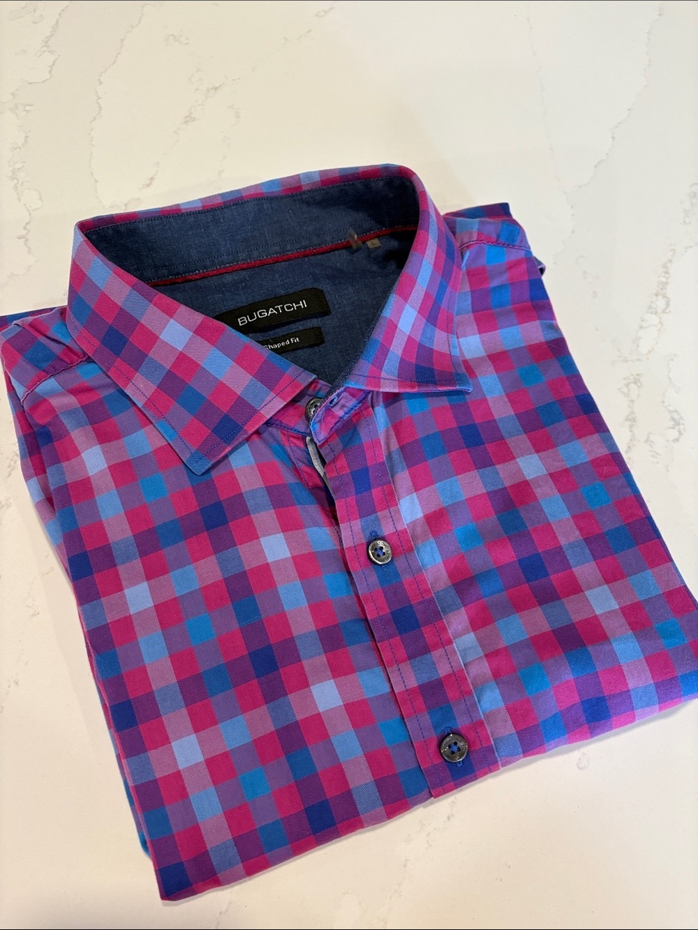 Bugatchi Purple and Blue Check Button-Down Shirt Size Large